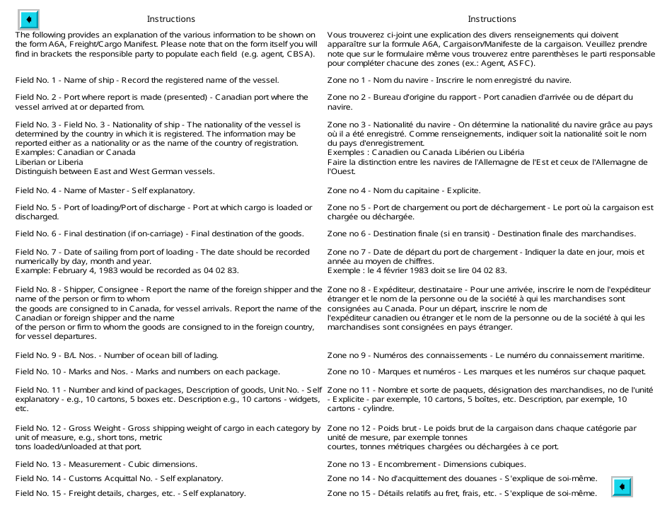 Form A6A Freight / Cargo Manifest - Canada (English / French), Page 2
