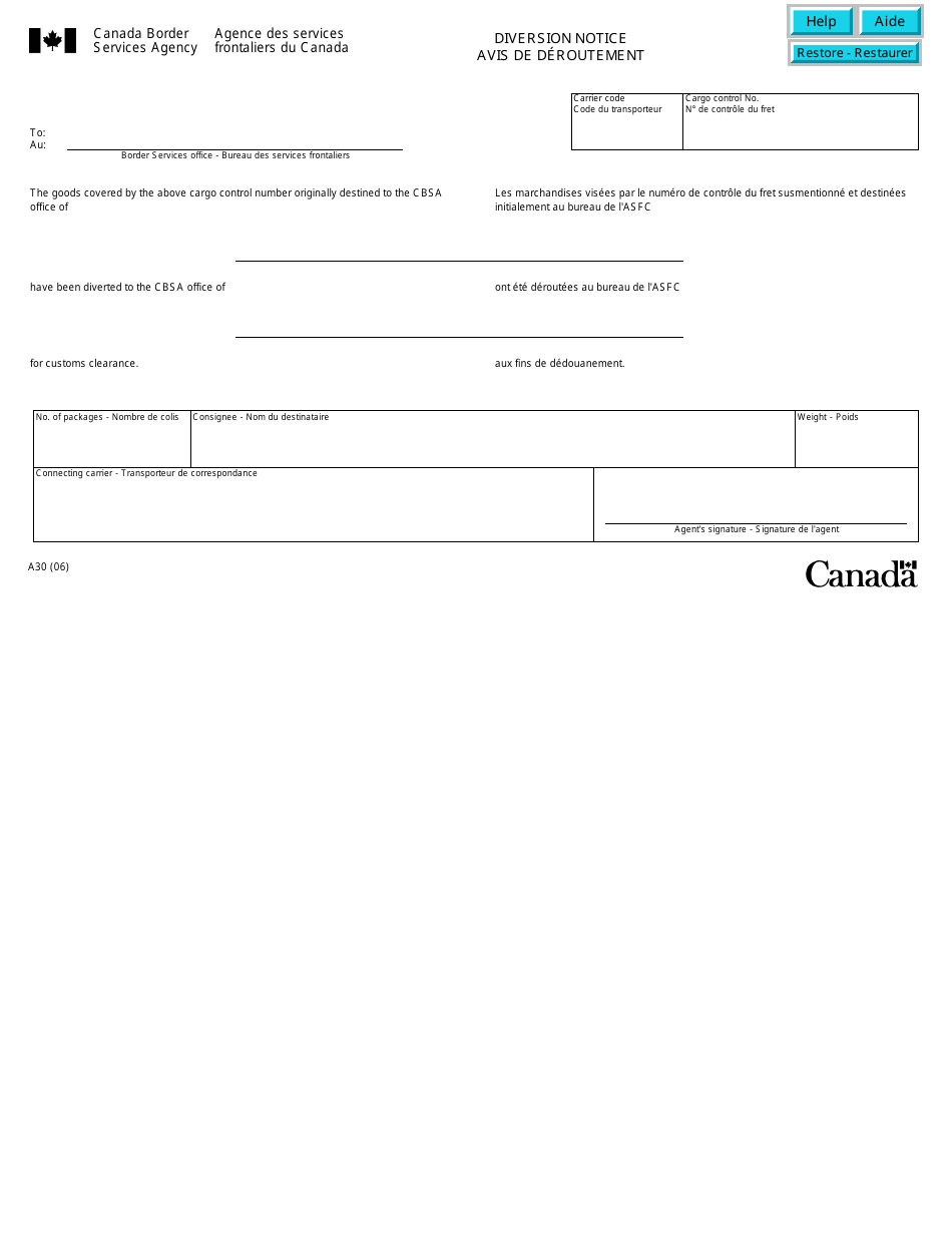 Form A30 Diversion Notice - Canada (English / French), Page 1
