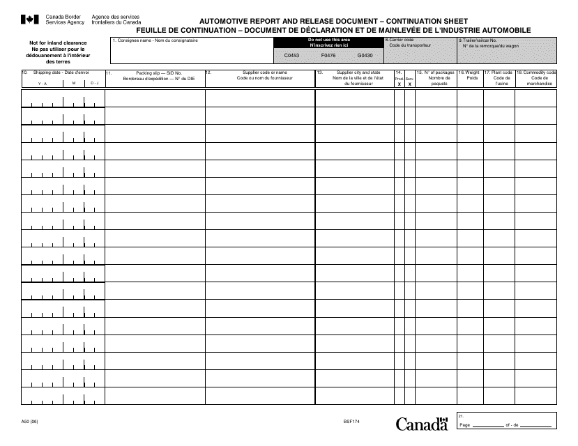 Form A50 Automotive Report & Release Document - Continuation Sheet - Canada (English/French)