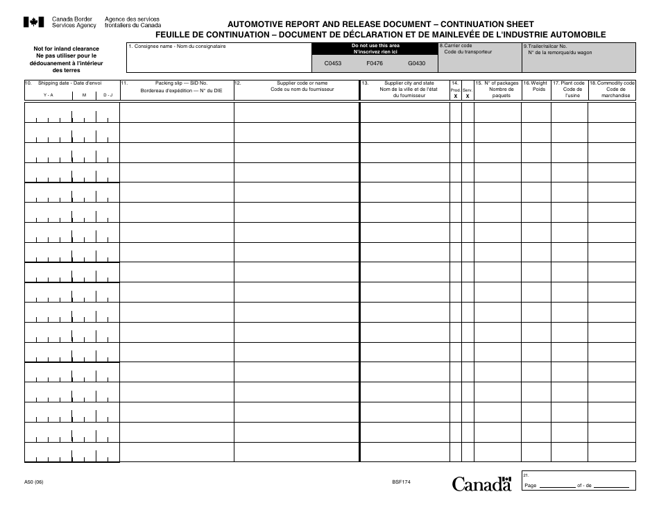Form A50 Automotive Report  Release Document - Continuation Sheet - Canada (English / French), Page 1