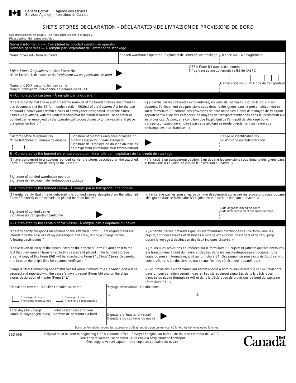 Form B6D Ships Stores Declaration - Canada (English / French), Page 1