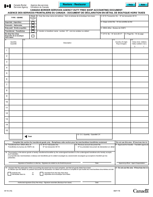 Form B116 Canada Border Services Agency Duty Free Shop Accounting Document - Canada (English/French)