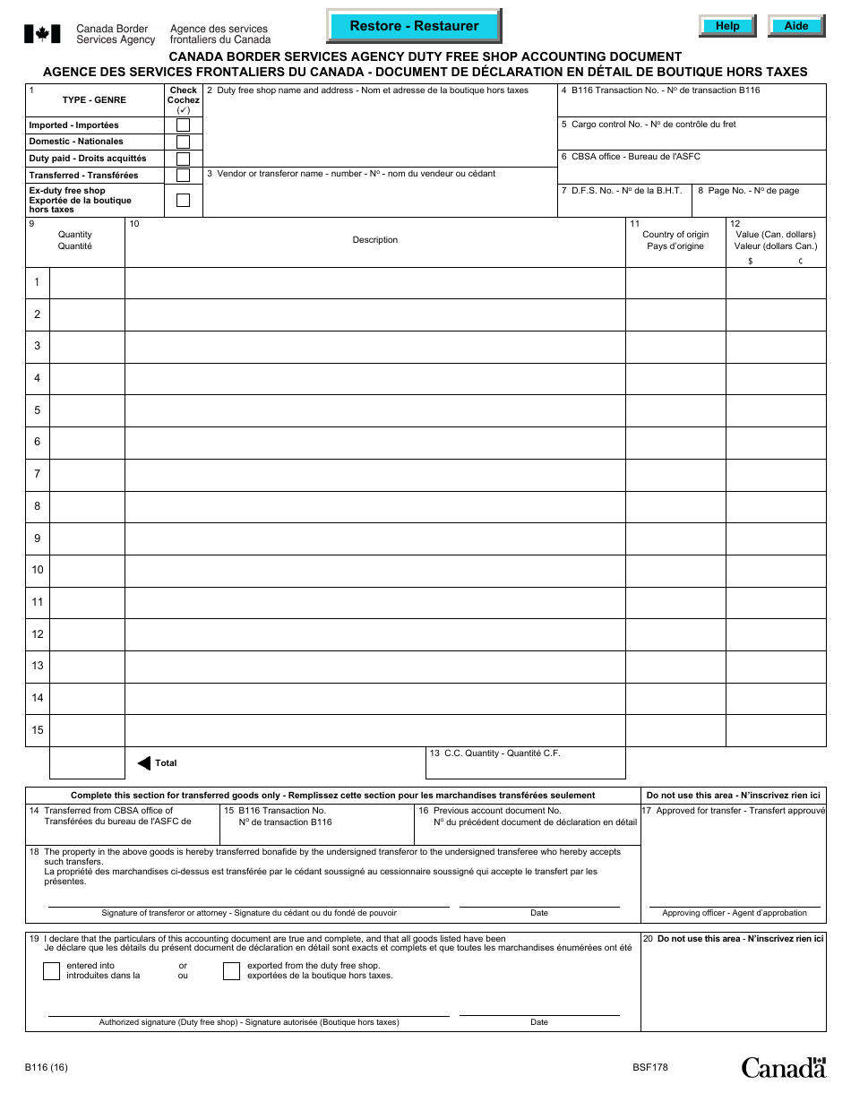 Form B116 Canada Border Services Agency Duty Free Shop Accounting Document - Canada (English / French), Page 1