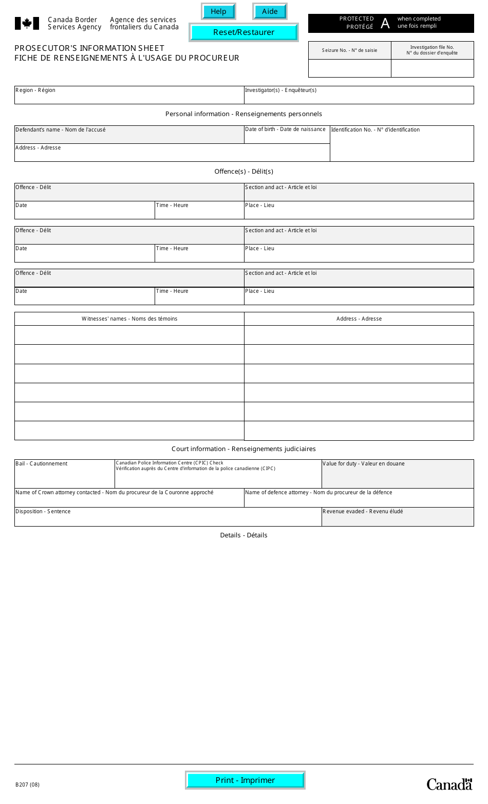 Form B207 Prosecutors Information Sheet - Canada (English / French), Page 1