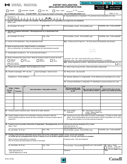 Form B13A Export Declaration - Canada (English/French)