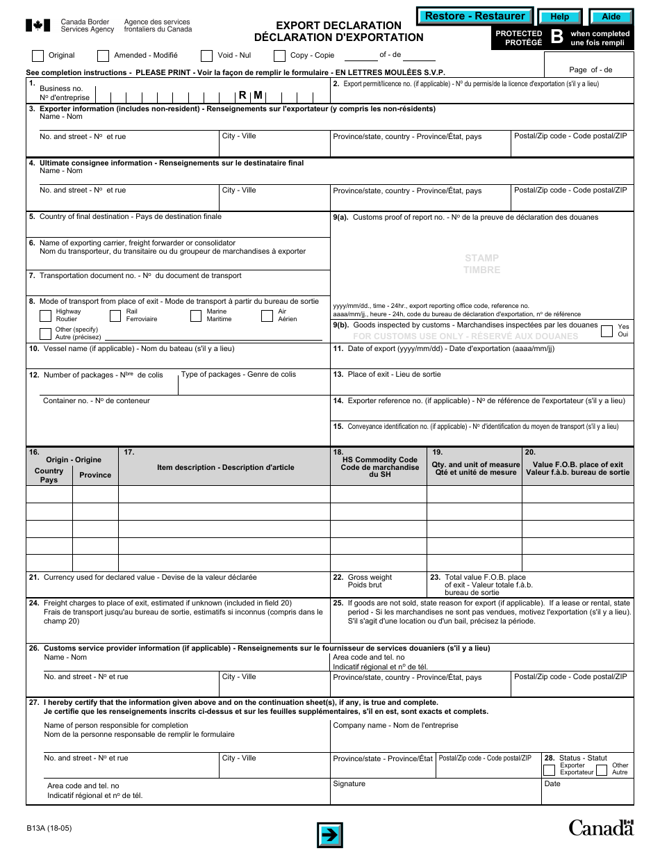 Form B13A Export Declaration - Canada (English / French), Page 1