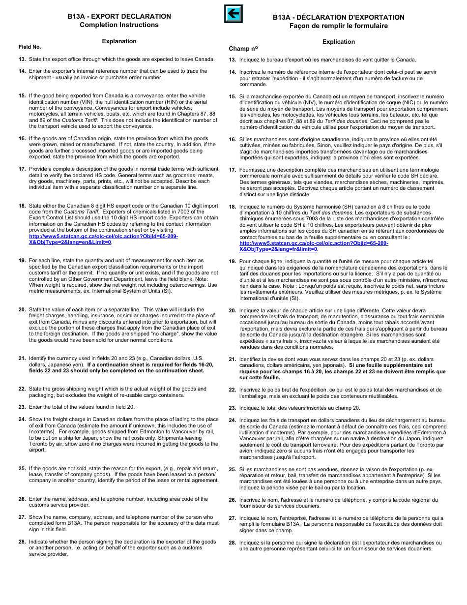 Form B13A Export Declaration - Canada (English / French), Page 4