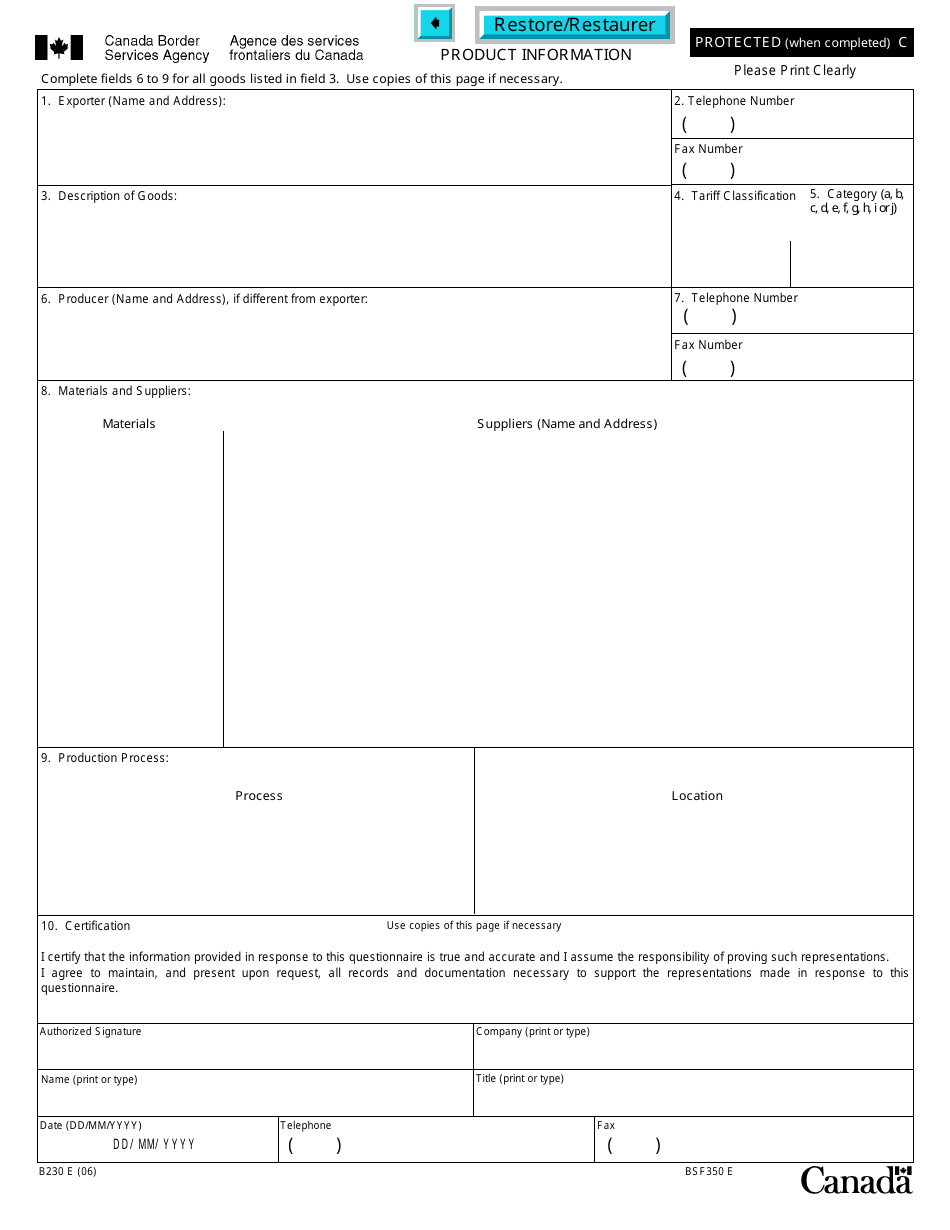 Form B230 E - Fill Out, Sign Online and Download Fillable PDF, Canada ...