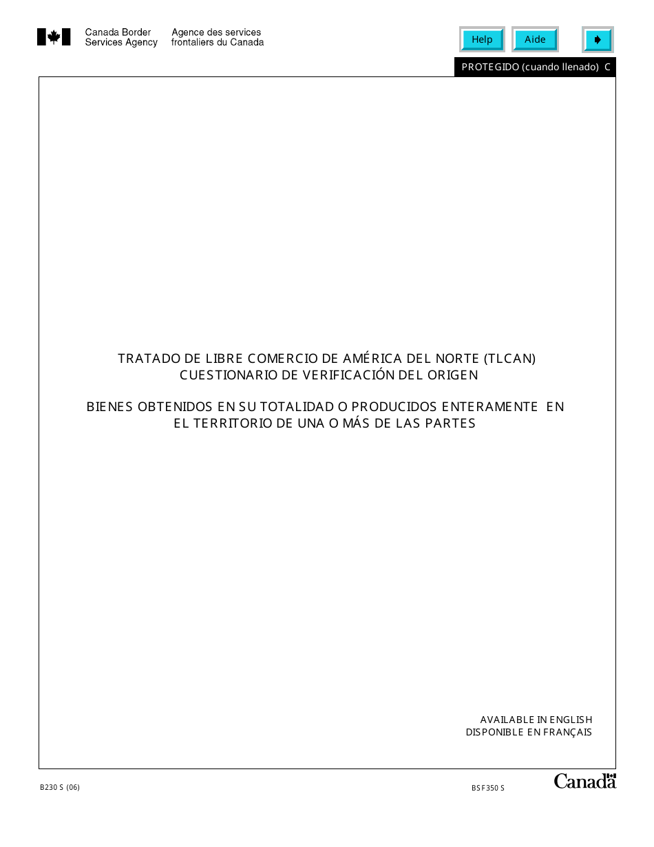 Forme B230 S Tratado De Libre Comercio De America Del Norte (Tlcan) Cuestionario De Verificacion Del Origen Bienes Obtenidos En Su Totalidad O Producidos Enteramente En El Territorio De Una O Mas De Las Partes - Canada (French), Page 1