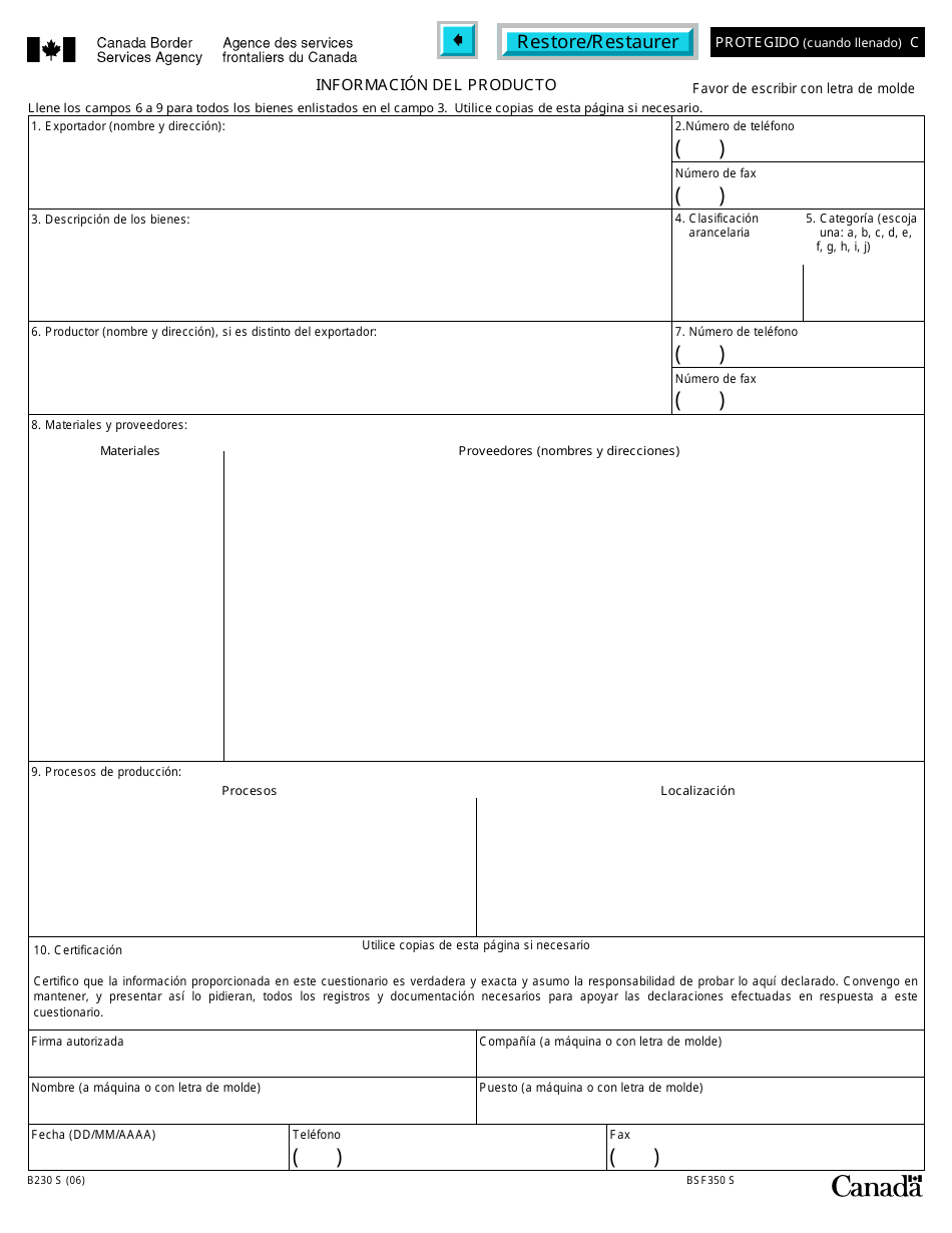 Forme B230 S Tratado De Libre Comercio De America Del Norte (Tlcan) Cuestionario De Verificacion Del Origen Bienes Obtenidos En Su Totalidad O Producidos Enteramente En El Territorio De Una O Mas De Las Partes - Canada (French), Page 4