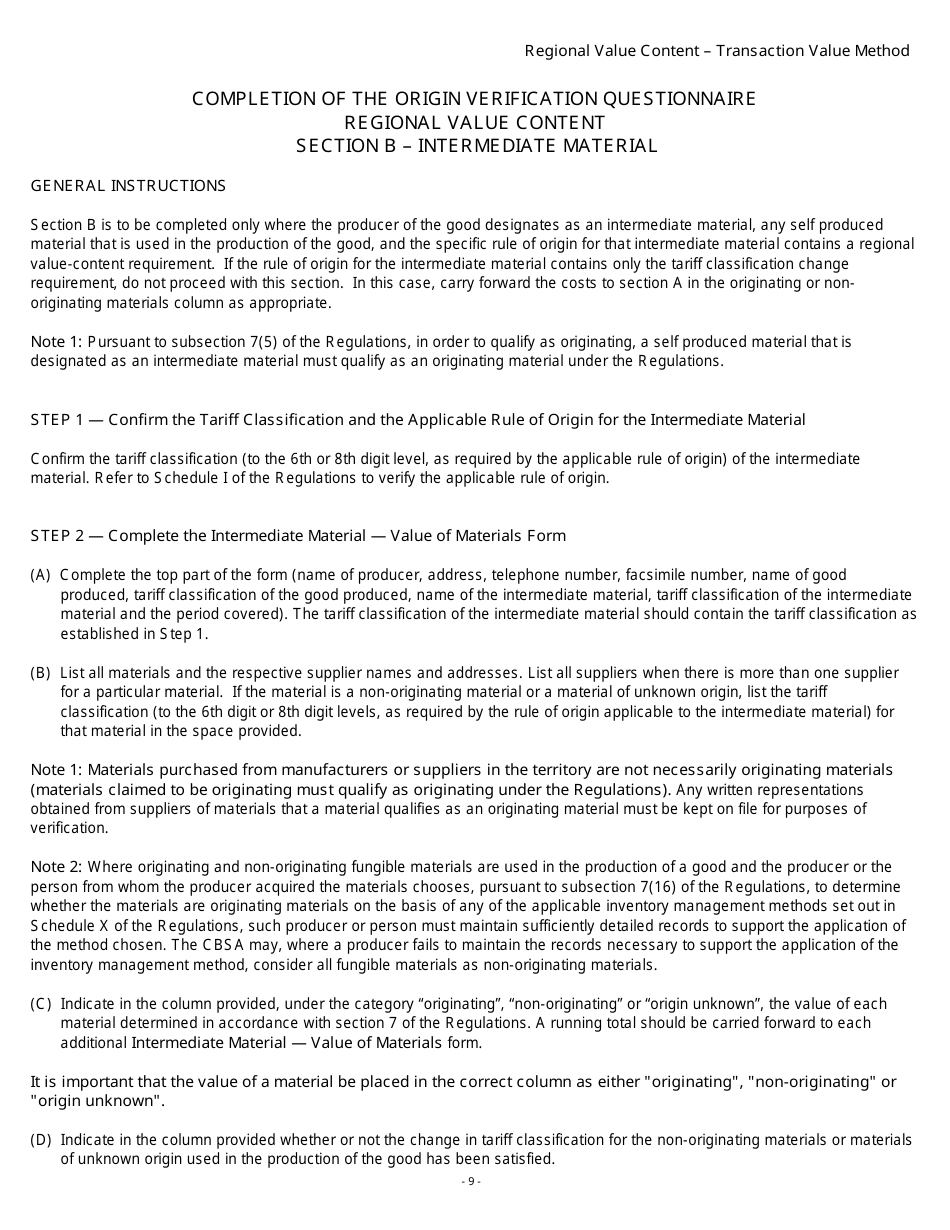 Form B229 North American Free Trade Agreement (Nafta) Origin Verification Questionnaire Regional Value Content - Transaction Value Method - Canada, Page 10