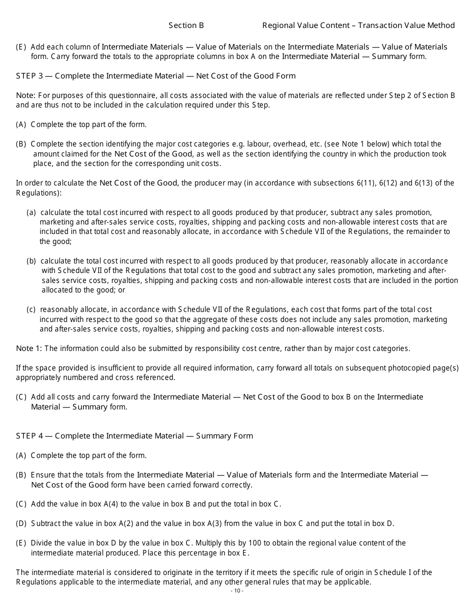 Form B229 North American Free Trade Agreement (Nafta) Origin Verification Questionnaire Regional Value Content - Transaction Value Method - Canada, Page 11