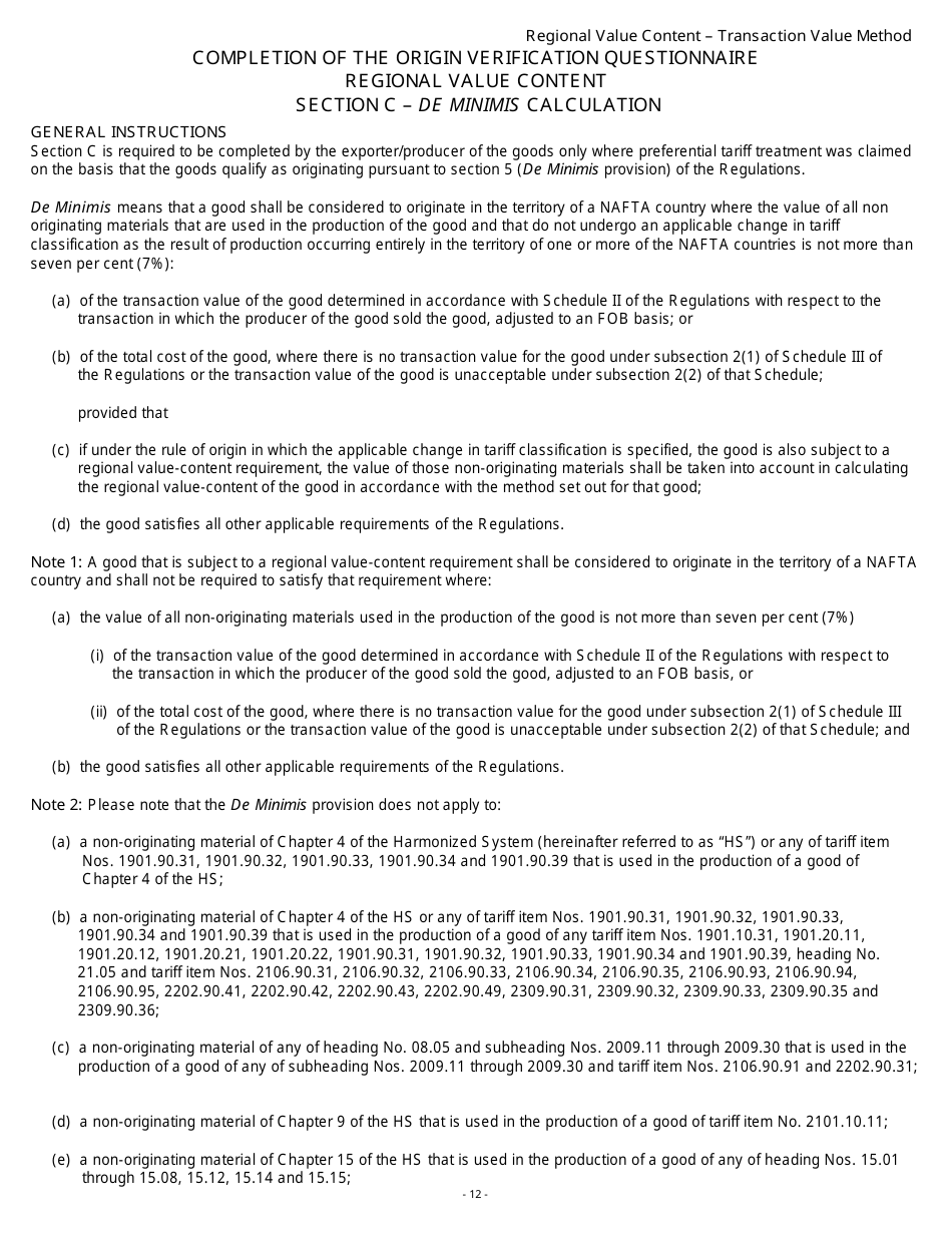 Form B229 North American Free Trade Agreement (Nafta) Origin Verification Questionnaire Regional Value Content - Transaction Value Method - Canada, Page 13