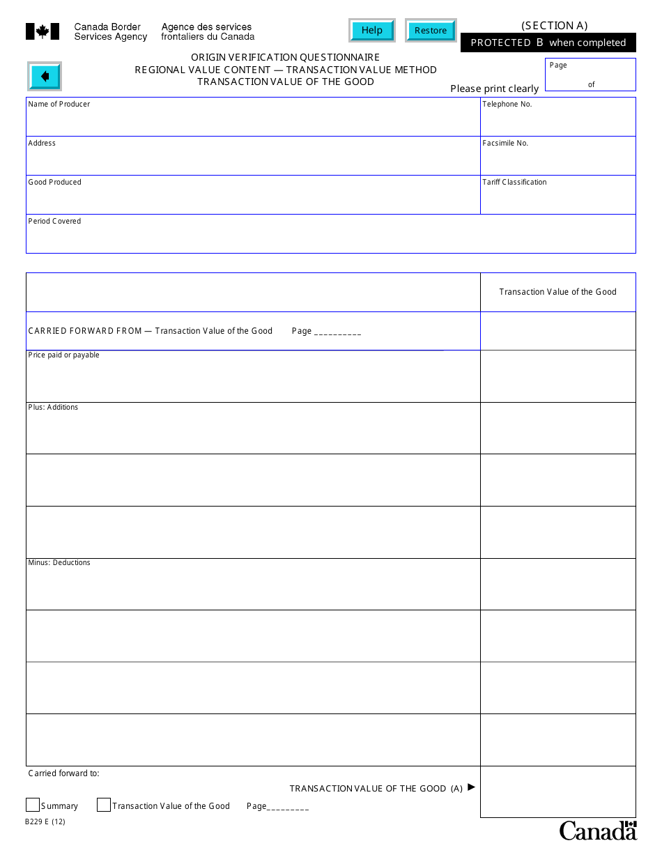 Form B229 North American Free Trade Agreement (Nafta) Origin Verification Questionnaire Regional Value Content - Transaction Value Method - Canada, Page 15