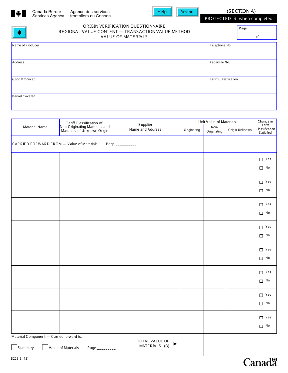 Form B229 North American Free Trade Agreement (Nafta) Origin Verification Questionnaire Regional Value Content - Transaction Value Method - Canada, Page 16