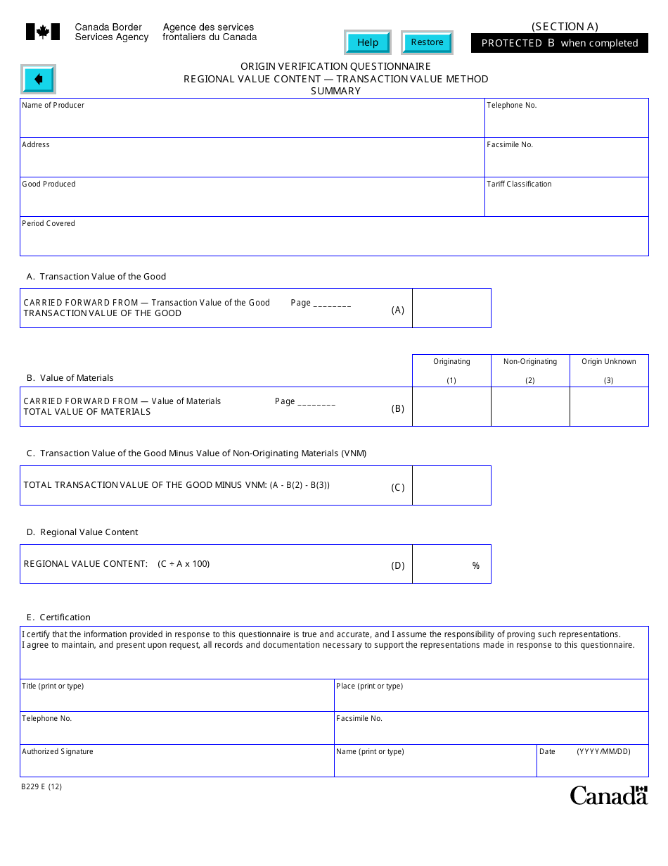 Form B229 North American Free Trade Agreement (Nafta) Origin Verification Questionnaire Regional Value Content - Transaction Value Method - Canada, Page 17