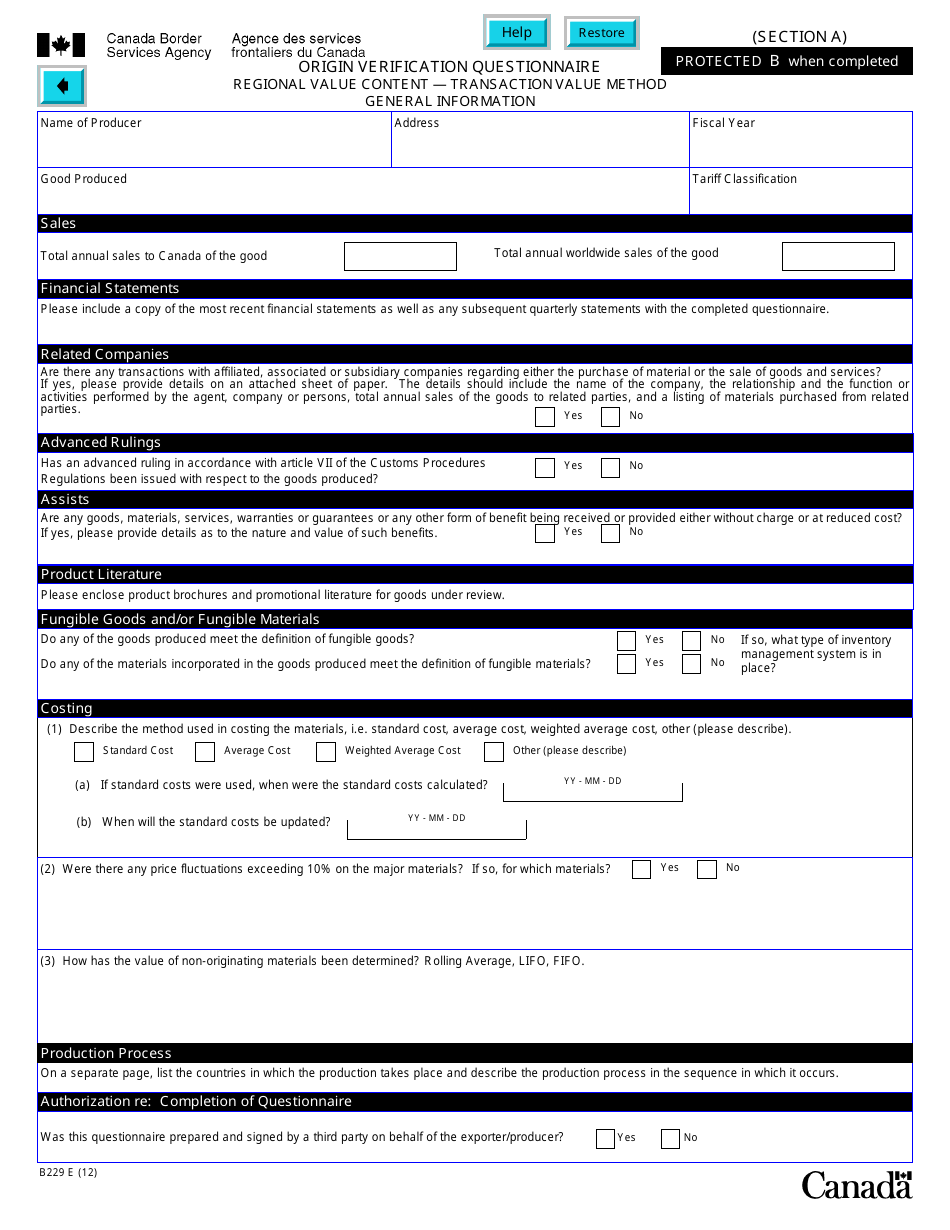 Form B229 North American Free Trade Agreement (Nafta) Origin Verification Questionnaire Regional Value Content - Transaction Value Method - Canada, Page 18