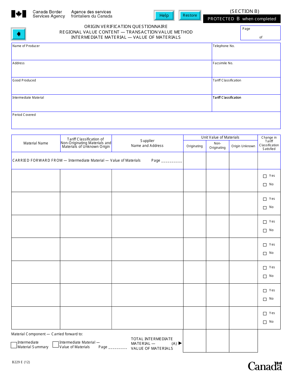 Form B229 North American Free Trade Agreement (Nafta) Origin Verification Questionnaire Regional Value Content - Transaction Value Method - Canada, Page 19