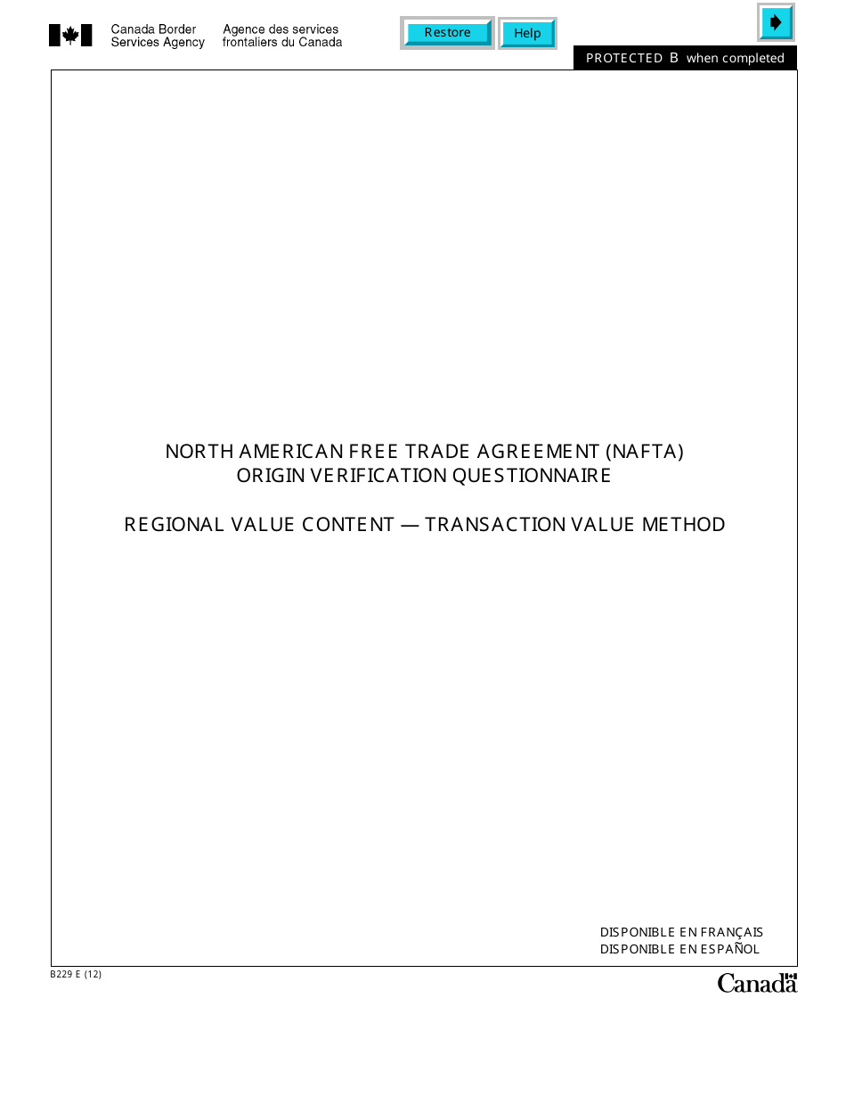 Form B229 North American Free Trade Agreement (Nafta) Origin Verification Questionnaire Regional Value Content - Transaction Value Method - Canada, Page 1