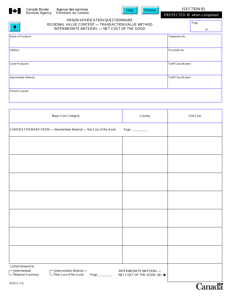 Form B229 North American Free Trade Agreement (Nafta) Origin Verification Questionnaire Regional Value Content - Transaction Value Method - Canada, Page 20