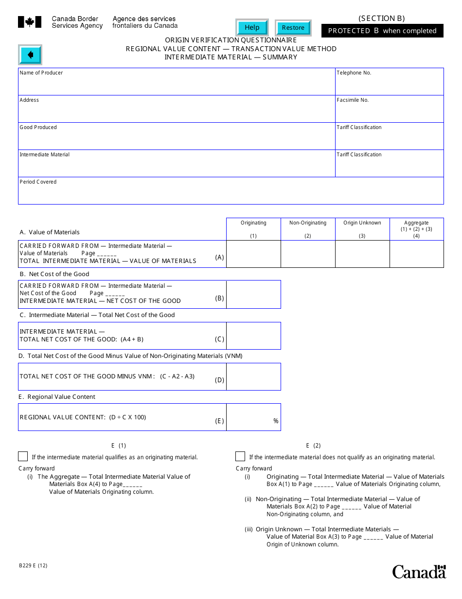 Form B229 North American Free Trade Agreement (Nafta) Origin Verification Questionnaire Regional Value Content - Transaction Value Method - Canada, Page 21