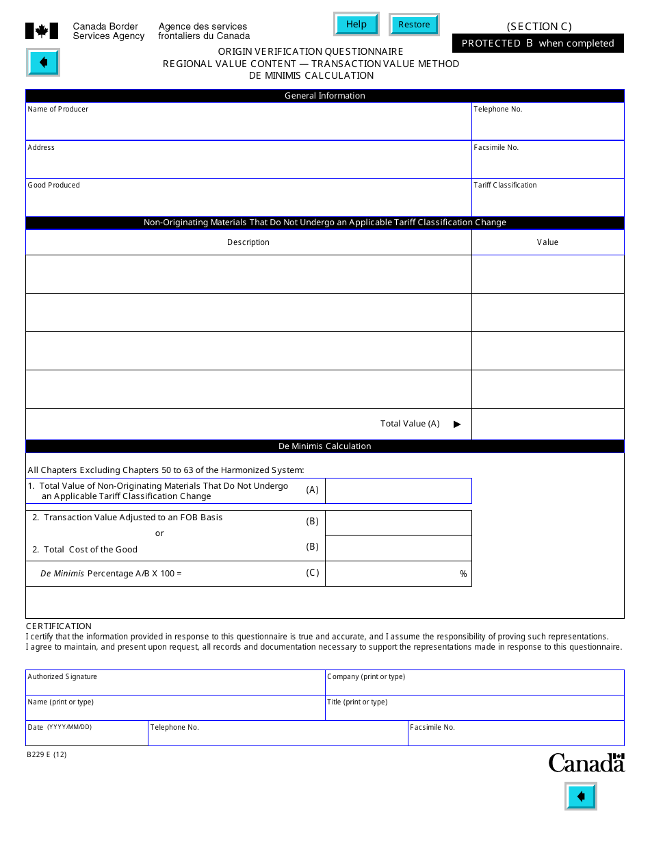Form B229 North American Free Trade Agreement (Nafta) Origin Verification Questionnaire Regional Value Content - Transaction Value Method - Canada, Page 22