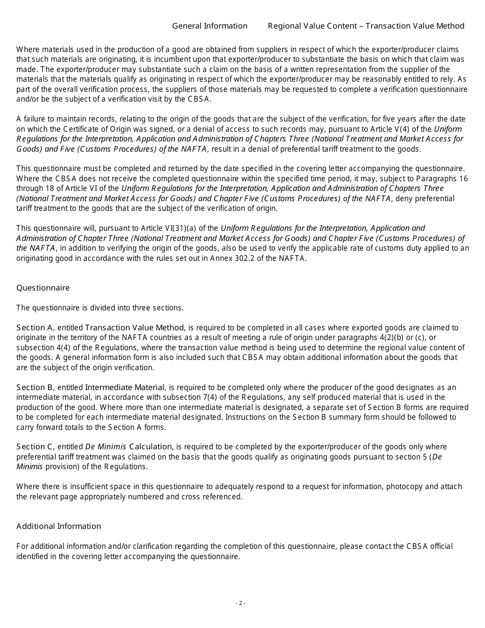 Form B229 North American Free Trade Agreement (Nafta) Origin Verification Questionnaire Regional Value Content - Transaction Value Method - Canada, Page 3