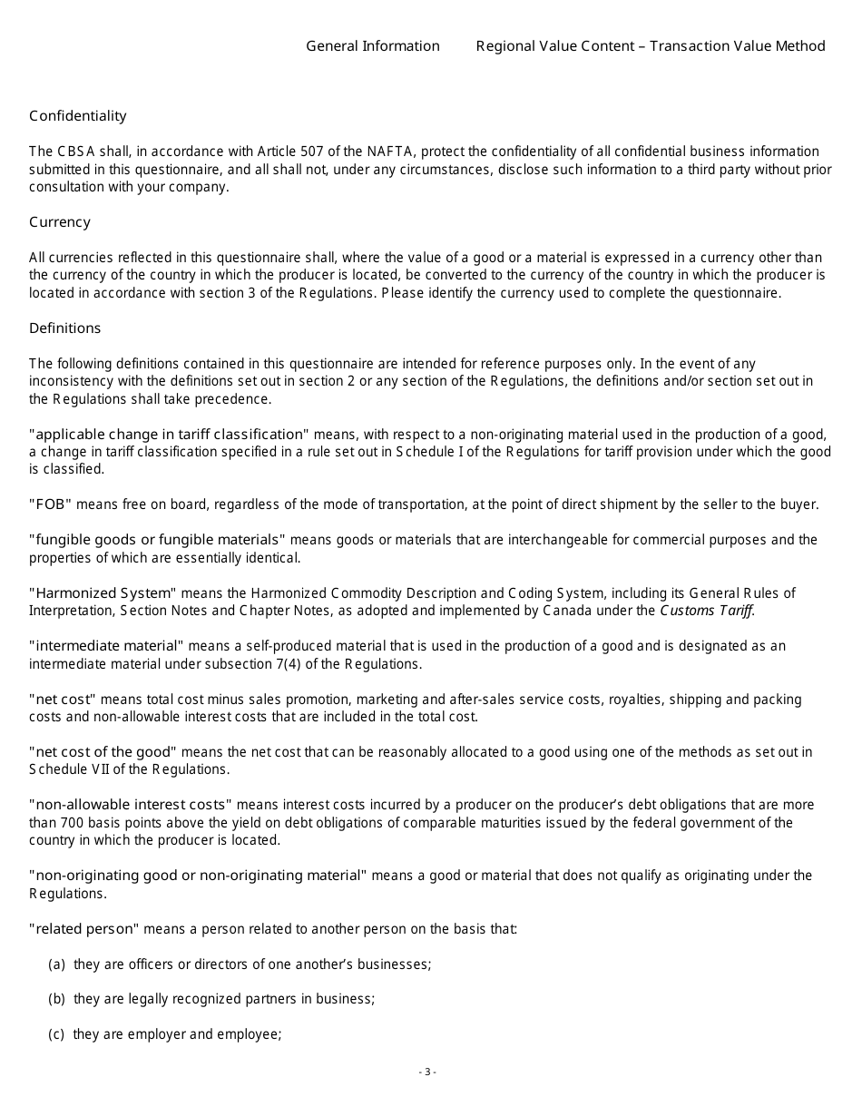 Form B229 North American Free Trade Agreement (Nafta) Origin Verification Questionnaire Regional Value Content - Transaction Value Method - Canada, Page 4