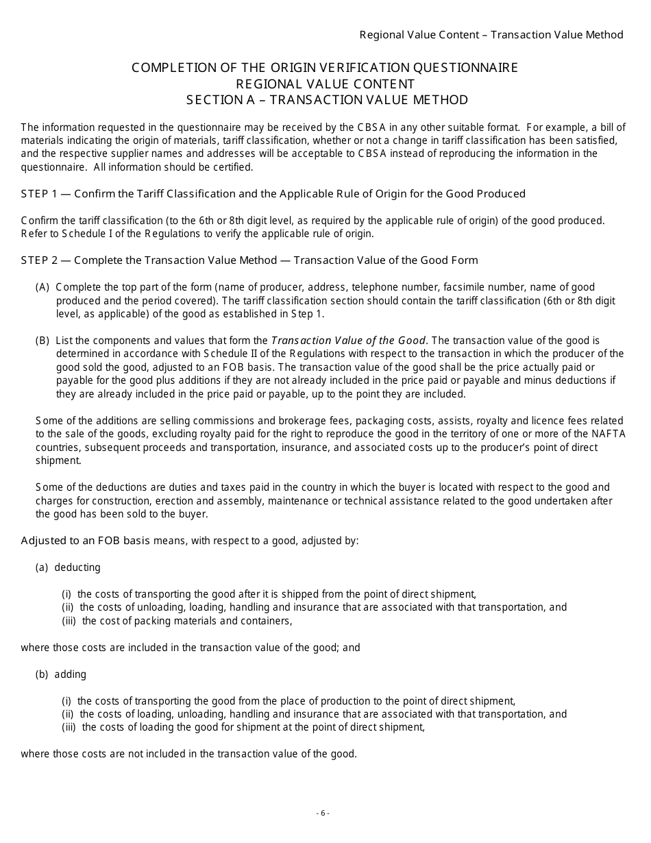 Form B229 North American Free Trade Agreement (Nafta) Origin Verification Questionnaire Regional Value Content - Transaction Value Method - Canada, Page 7