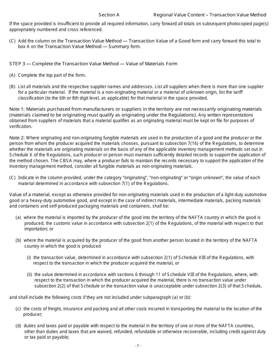 Form B229 North American Free Trade Agreement (Nafta) Origin Verification Questionnaire Regional Value Content - Transaction Value Method - Canada, Page 8