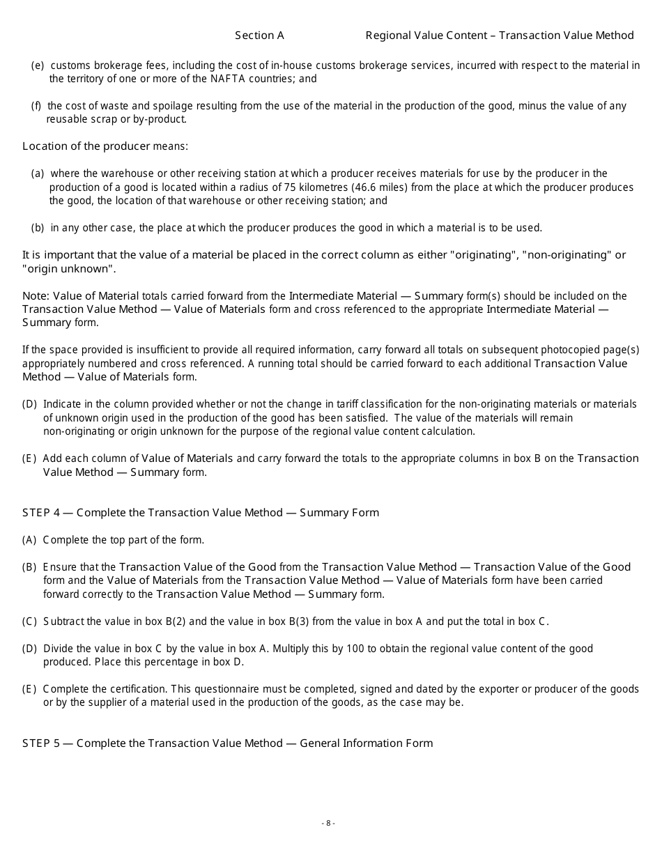 Form B229 North American Free Trade Agreement (Nafta) Origin Verification Questionnaire Regional Value Content - Transaction Value Method - Canada, Page 9