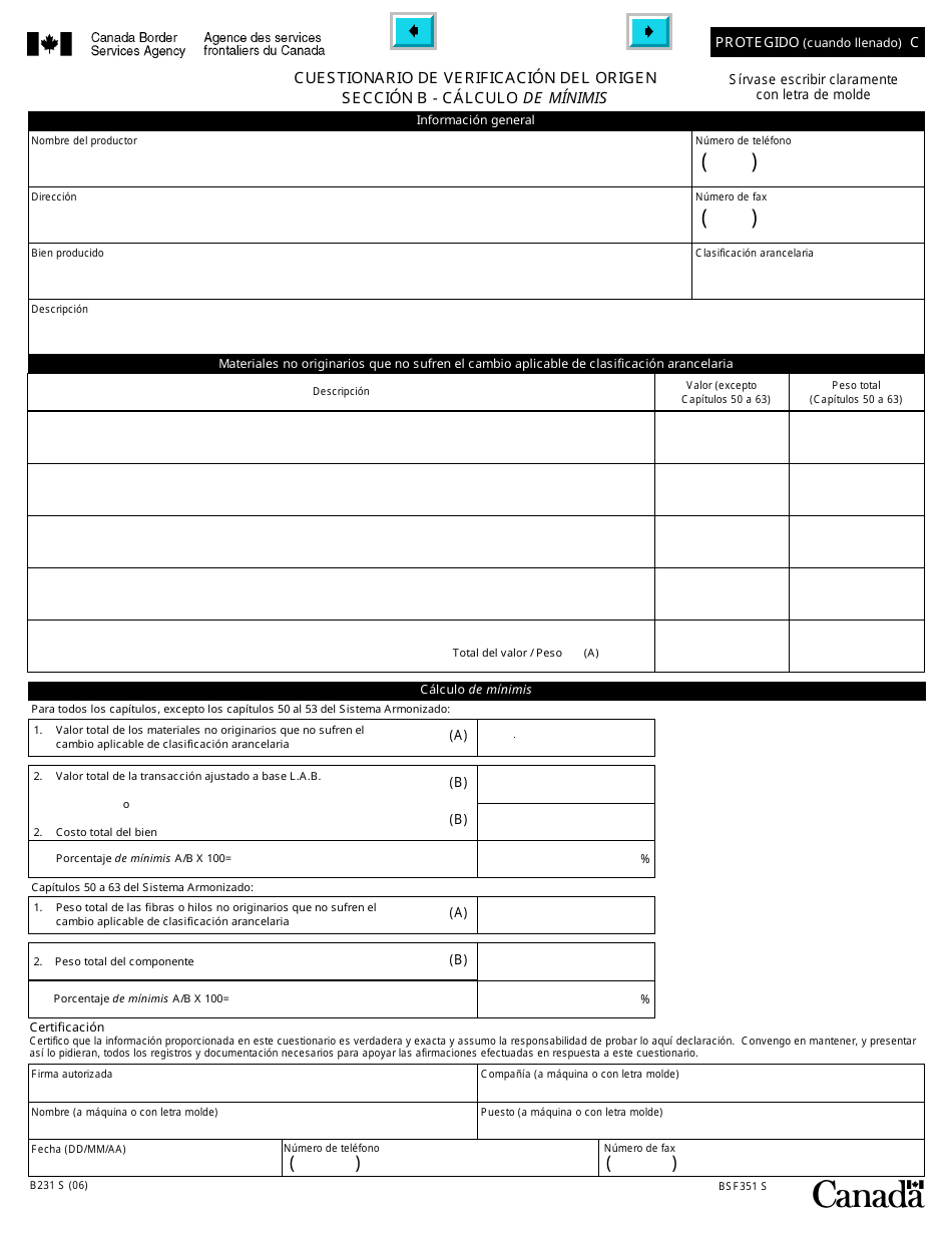 Formulario B231 S Tratado De Libre Comercio De America Del Norte (Tlcan) Cuestionario De Verificacion Del Origen - Cambio De Arancel - Canada (Spanish), Page 10