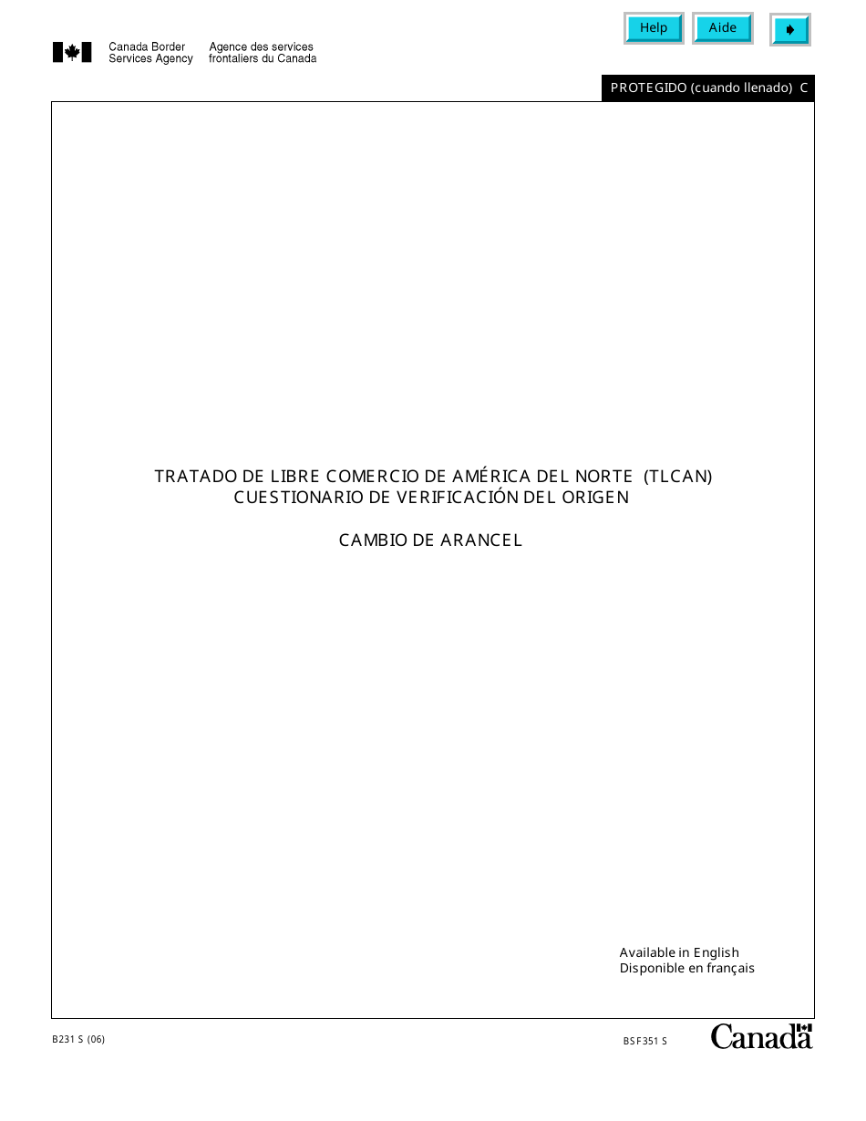 Formulario B231 S Tratado De Libre Comercio De America Del Norte (Tlcan) Cuestionario De Verificacion Del Origen - Cambio De Arancel - Canada (Spanish), Page 1
