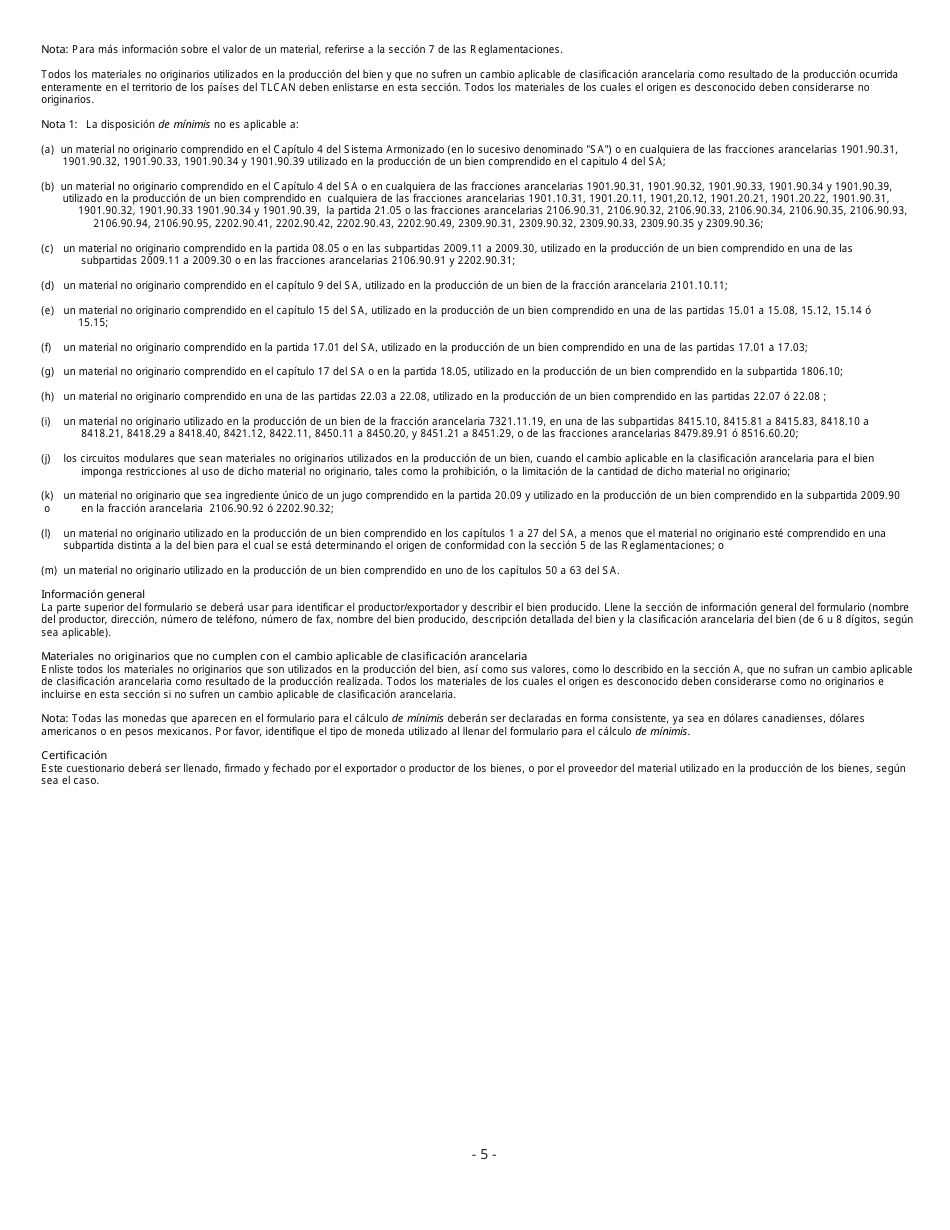 Formulario B231 S Tratado De Libre Comercio De America Del Norte (Tlcan) Cuestionario De Verificacion Del Origen - Cambio De Arancel - Canada (Spanish), Page 6