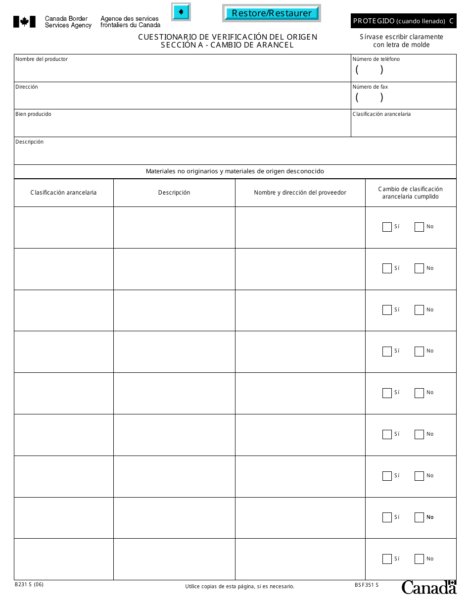 Formulario B231 S Tratado De Libre Comercio De America Del Norte (Tlcan) Cuestionario De Verificacion Del Origen - Cambio De Arancel - Canada (Spanish), Page 7