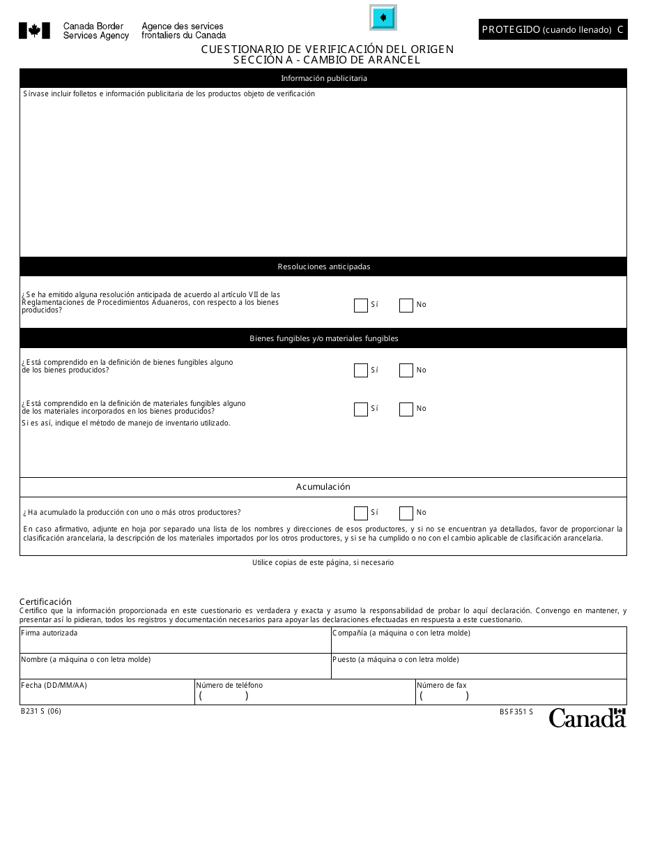 Formulario B231 S Tratado De Libre Comercio De America Del Norte (Tlcan) Cuestionario De Verificacion Del Origen - Cambio De Arancel - Canada (Spanish), Page 9