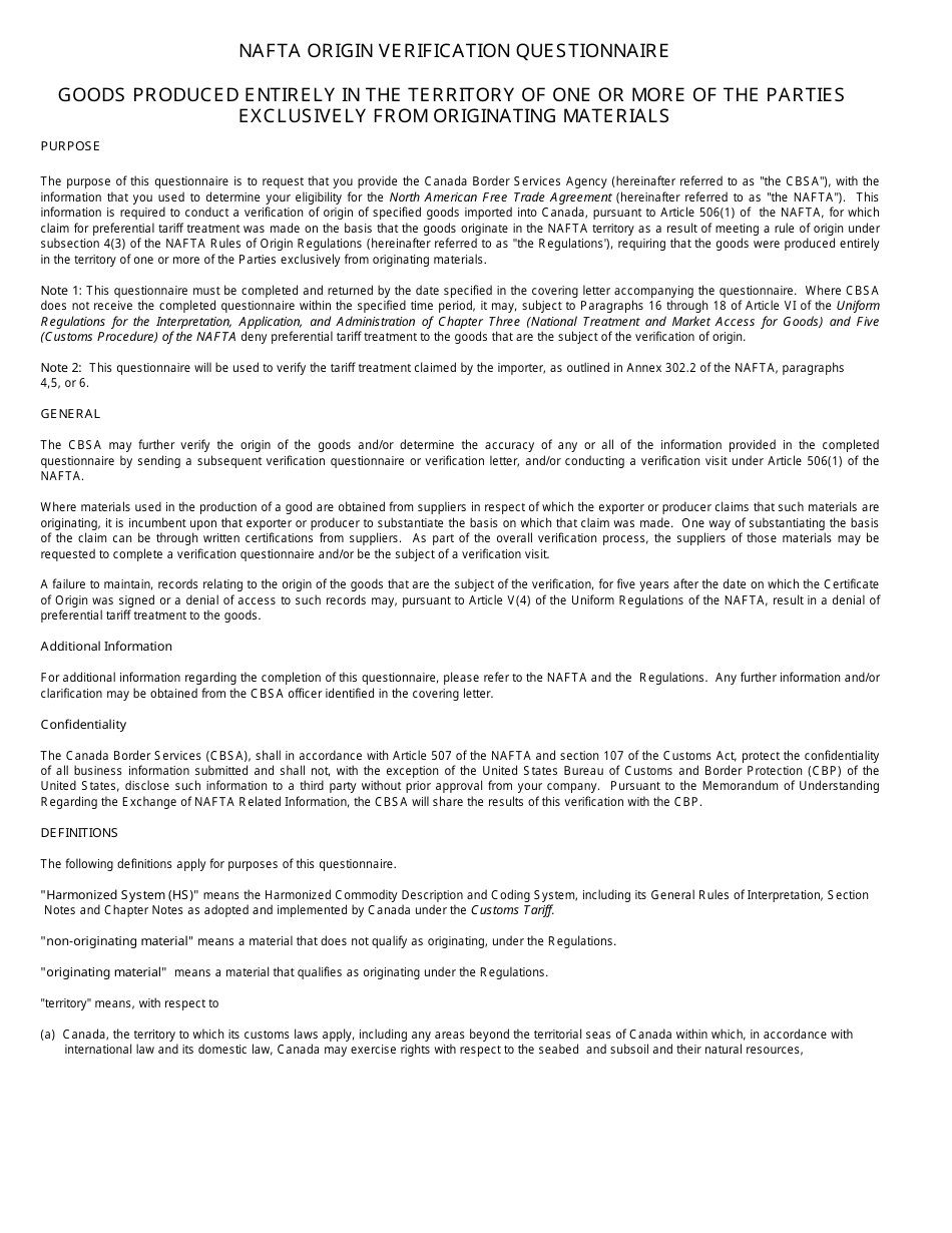 Form B235 E North American Free Trade Agreement (Nafta) Origin Verification Questionnaire - Goods Produced Entirely in the Territory of One More of the Parties Exclusively From Originating Materials - Canada, Page 2