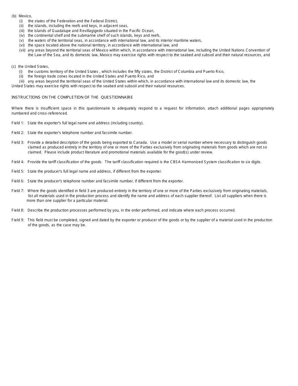 Form B235 E North American Free Trade Agreement (Nafta) Origin Verification Questionnaire - Goods Produced Entirely in the Territory of One More of the Parties Exclusively From Originating Materials - Canada, Page 3