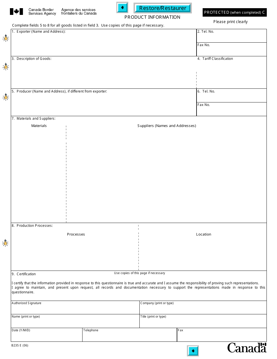 Form B235 E North American Free Trade Agreement (Nafta) Origin Verification Questionnaire - Goods Produced Entirely in the Territory of One More of the Parties Exclusively From Originating Materials - Canada, Page 4