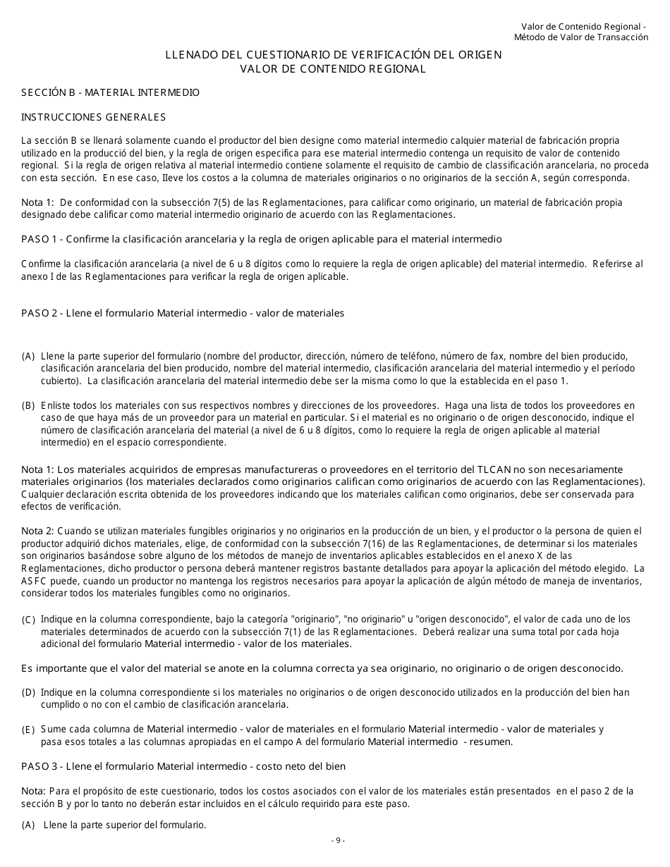 Formulario B229S Tratado De Libre Comercio De America Del Norte (Tlcan) Cuestionario De Verificacon Del Origen Valor De Contenido Regional - Metodo De Valor De Transaccion - Canada (Spanish), Page 10