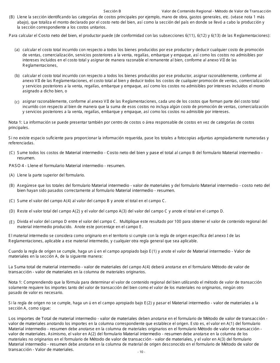 Formulario B229S Tratado De Libre Comercio De America Del Norte (Tlcan) Cuestionario De Verificacon Del Origen Valor De Contenido Regional - Metodo De Valor De Transaccion - Canada (Spanish), Page 11