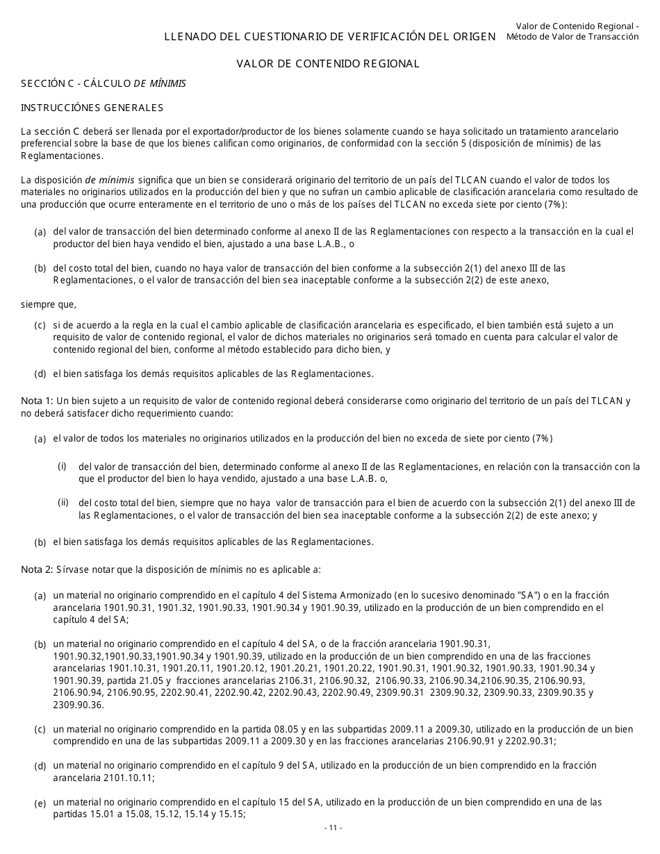 Formulario B229S Tratado De Libre Comercio De America Del Norte (Tlcan) Cuestionario De Verificacon Del Origen Valor De Contenido Regional - Metodo De Valor De Transaccion - Canada (Spanish), Page 12