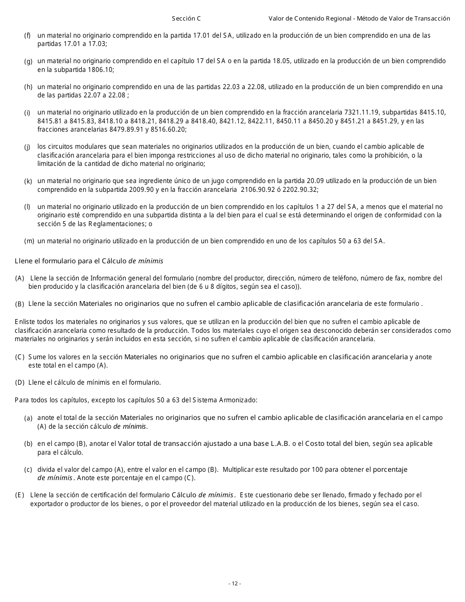 Formulario B229S Tratado De Libre Comercio De America Del Norte (Tlcan) Cuestionario De Verificacon Del Origen Valor De Contenido Regional - Metodo De Valor De Transaccion - Canada (Spanish), Page 13