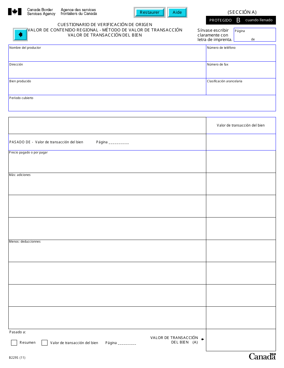 Formulario B229S Tratado De Libre Comercio De America Del Norte (Tlcan) Cuestionario De Verificacon Del Origen Valor De Contenido Regional - Metodo De Valor De Transaccion - Canada (Spanish), Page 14