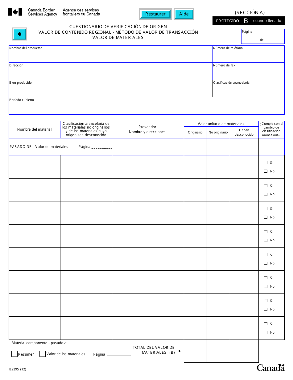 Formulario B229S Tratado De Libre Comercio De America Del Norte (Tlcan) Cuestionario De Verificacon Del Origen Valor De Contenido Regional - Metodo De Valor De Transaccion - Canada (Spanish), Page 15