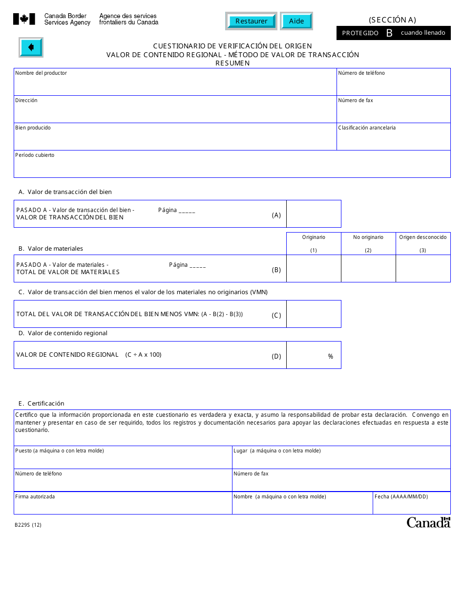 Formulario B229S Tratado De Libre Comercio De America Del Norte (Tlcan) Cuestionario De Verificacon Del Origen Valor De Contenido Regional - Metodo De Valor De Transaccion - Canada (Spanish), Page 16