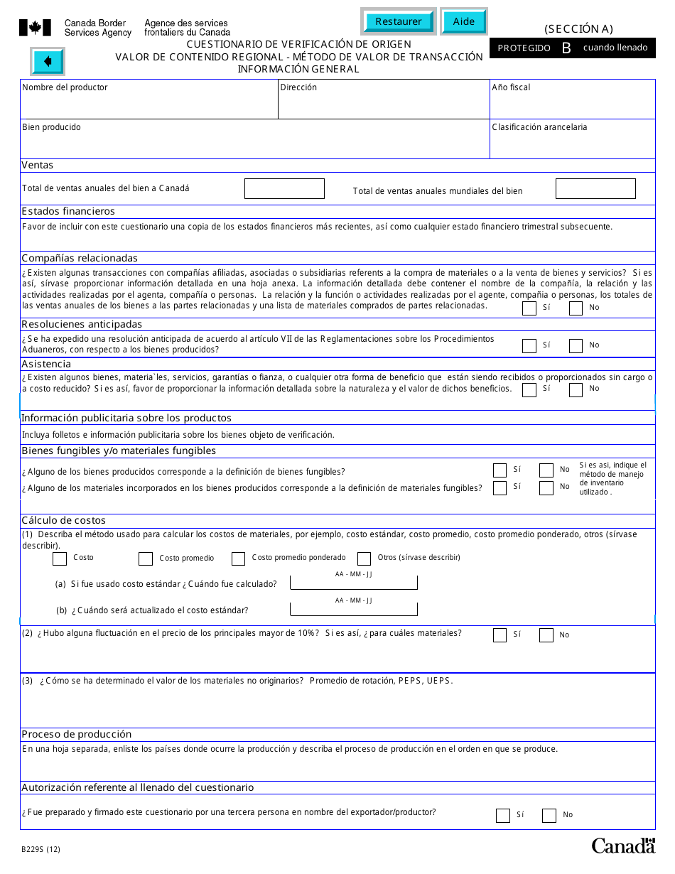 Formulario B229S Tratado De Libre Comercio De America Del Norte (Tlcan) Cuestionario De Verificacon Del Origen Valor De Contenido Regional - Metodo De Valor De Transaccion - Canada (Spanish), Page 17