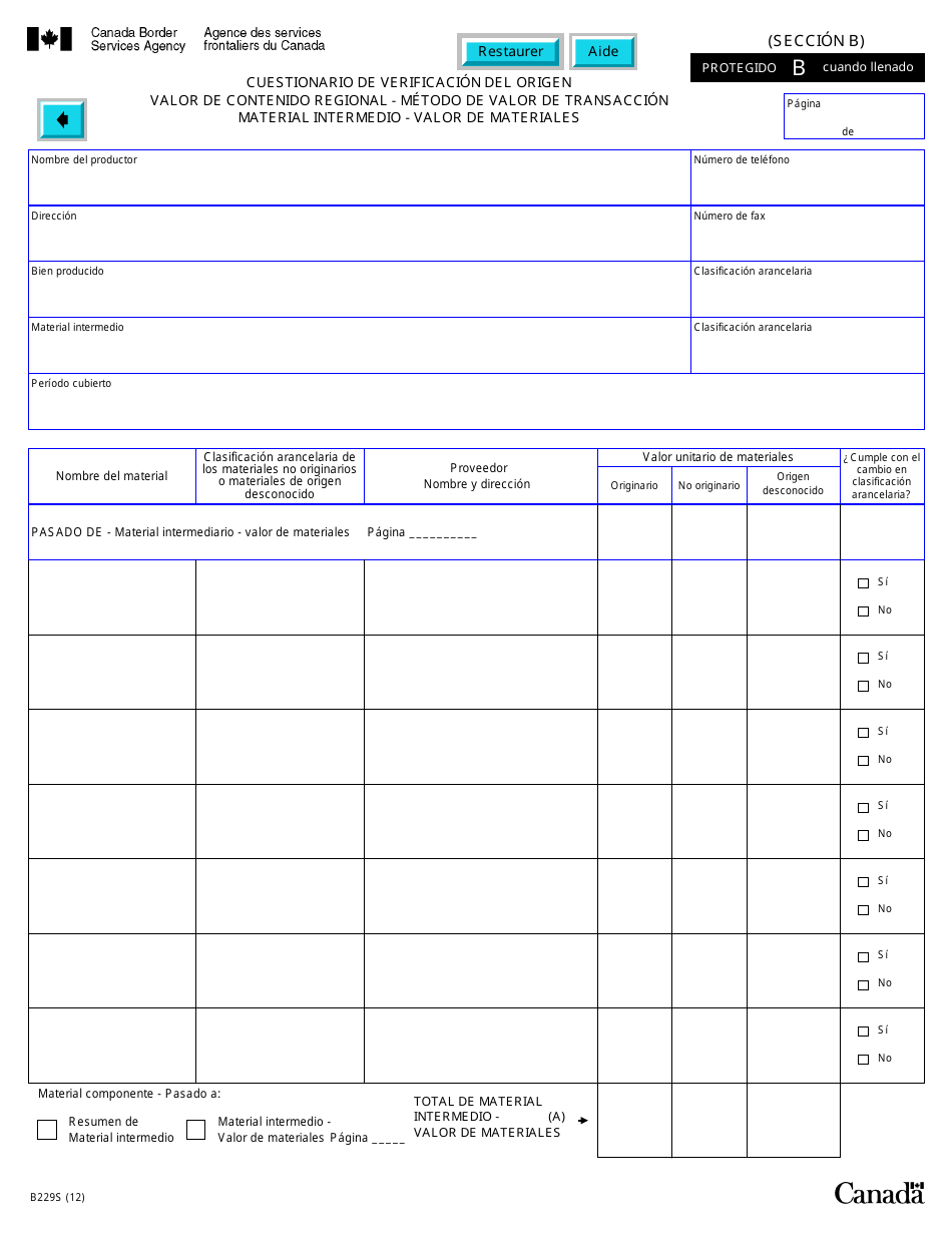 Formulario B229S Tratado De Libre Comercio De America Del Norte (Tlcan) Cuestionario De Verificacon Del Origen Valor De Contenido Regional - Metodo De Valor De Transaccion - Canada (Spanish), Page 18