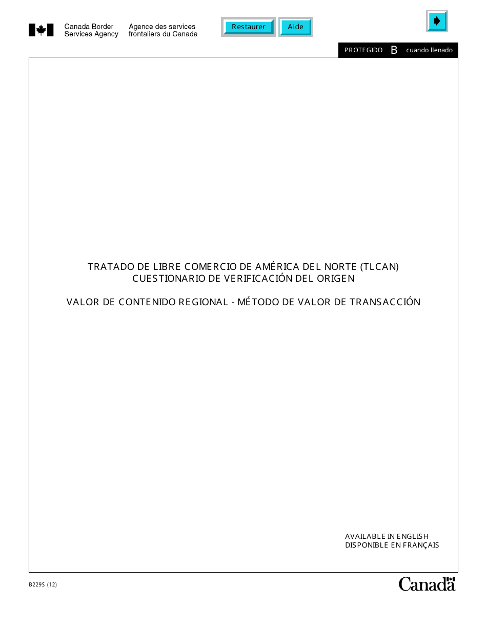 Formulario B229S Tratado De Libre Comercio De America Del Norte (Tlcan) Cuestionario De Verificacon Del Origen Valor De Contenido Regional - Metodo De Valor De Transaccion - Canada (Spanish), Page 1