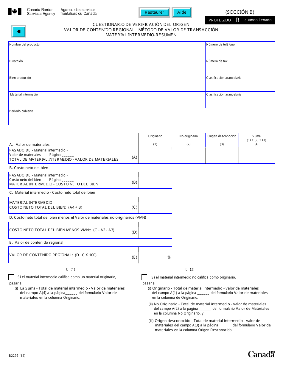 Formulario B229S Tratado De Libre Comercio De America Del Norte (Tlcan) Cuestionario De Verificacon Del Origen Valor De Contenido Regional - Metodo De Valor De Transaccion - Canada (Spanish), Page 20
